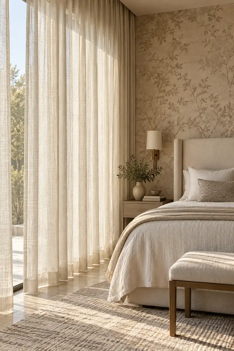 Quarto com cortinas claras de linho do teto ao piso